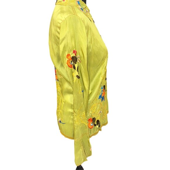 Vintage Inspired Johnny Was Green Floral Embroidered 100% Silk Button-Up Shirt S - Picture 5 of 9